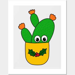 Cute Cactus Design #346: Opuntia Microdasys Cactus In Christmas Holly Pot Posters and Art